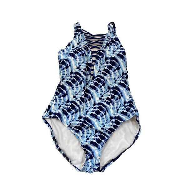 New Without Tags Time and Tru Blue Tie-Dyed Cage Front One Piece Swim Suit XL - Picture 1 of 9